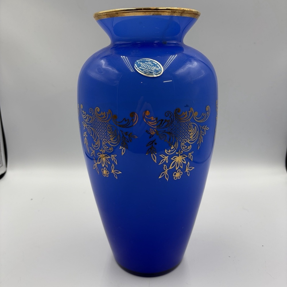 Handmade Italian Cristallerie Cobalt Blue24k Gold Accent Vase Mid Century Modern